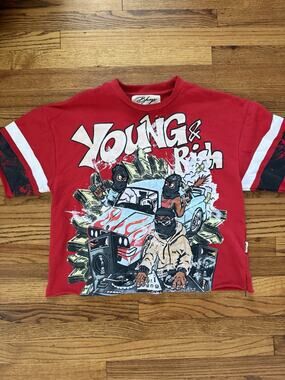 BKYS Mens Young & Rich Graphic Short Sleeve Sweatshirt Red Large Raw Hem
